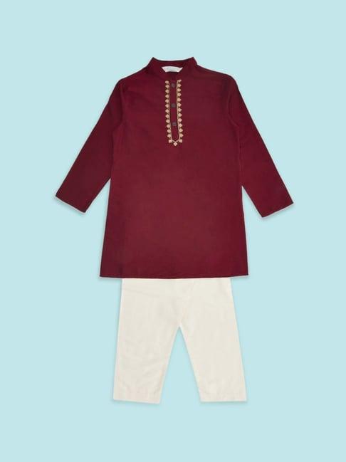 indus route by pantaloons kids maroon & white embroidered full sleeves kurta set