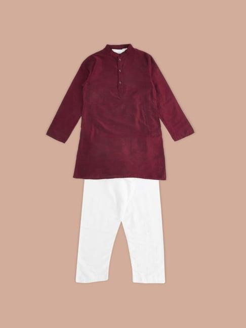 indus route by pantaloons kids maroon & white self pattern full sleeves kurta set