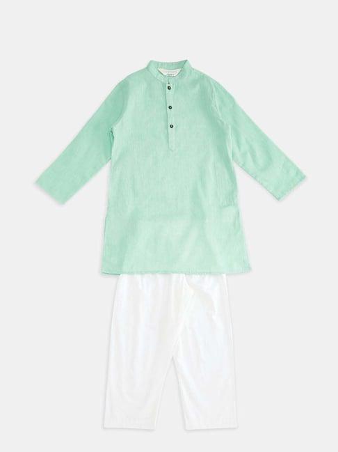indus route by pantaloons kids mint green & white cotton regular fit full sleeves kurta set