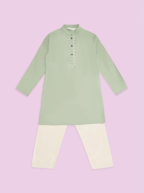 indus route by pantaloons kids mint green & white embroidered full sleeves kurta set