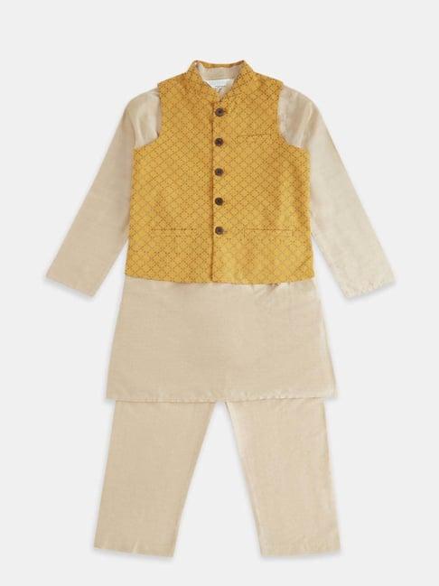 indus route by pantaloons kids mustard & beige printed full sleeves kurta set