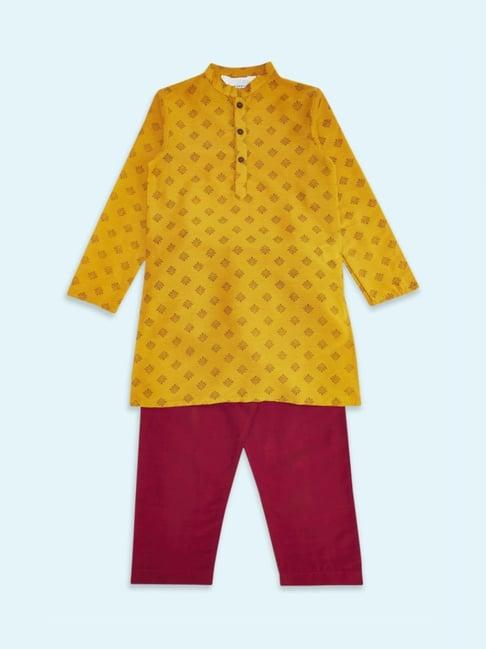 indus route by pantaloons kids mustard & pink printed full sleeves kurta set