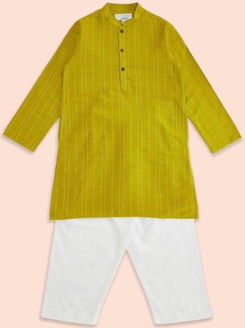 indus route by pantaloons kids mustard & white embroidered full sleeves kurta set