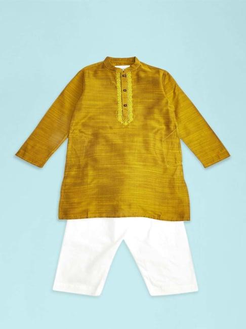 indus route by pantaloons kids mustard & white embroidered full sleeves kurta set