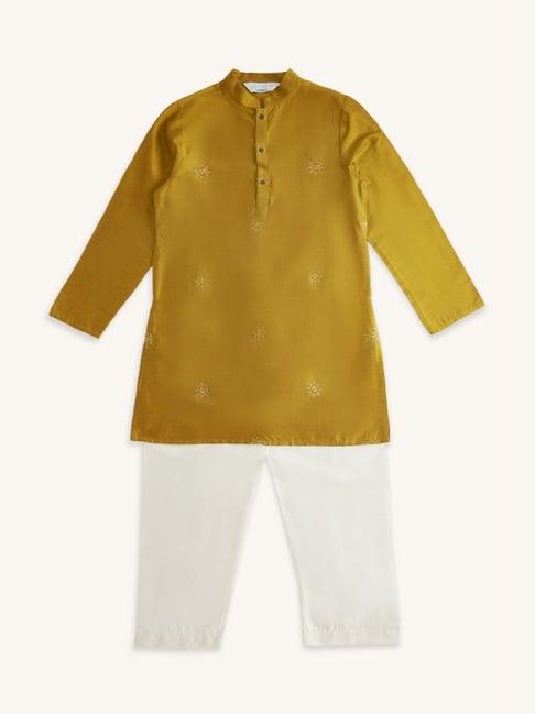 indus route by pantaloons kids mustard & yellow embroidered full sleeves kurta set