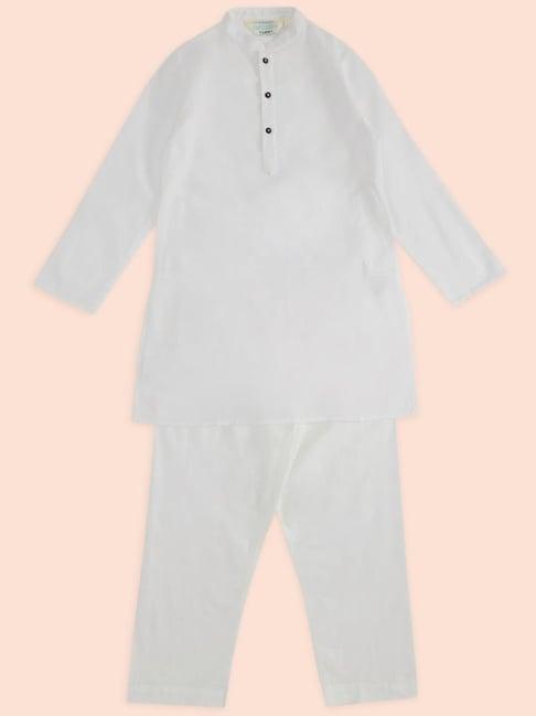 indus route by pantaloons kids off-white cotton regular fit full sleeves kurta set