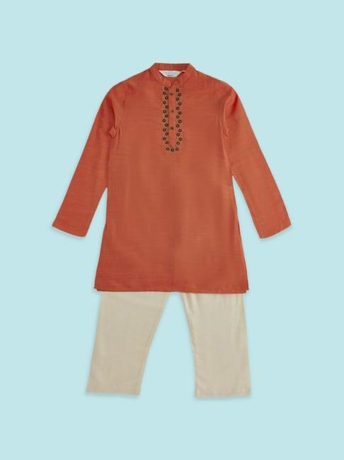 indus route by pantaloons kids orange & grey floral print full sleeves kurta set