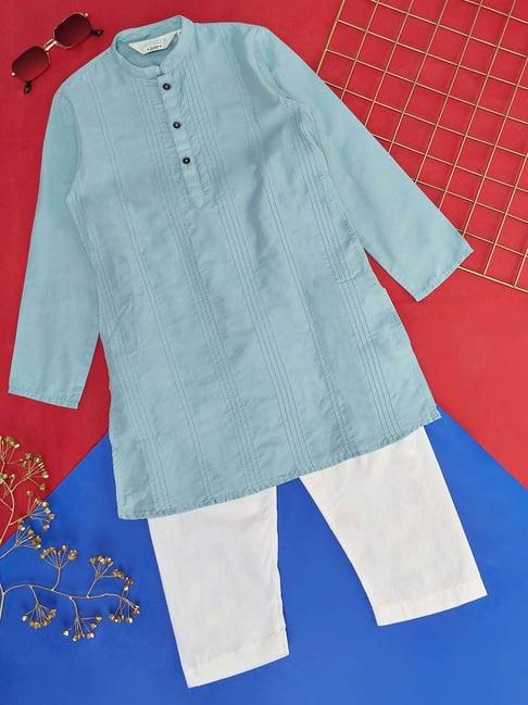 indus route by pantaloons kids powder blue & white embroidered full sleeves kurta set
