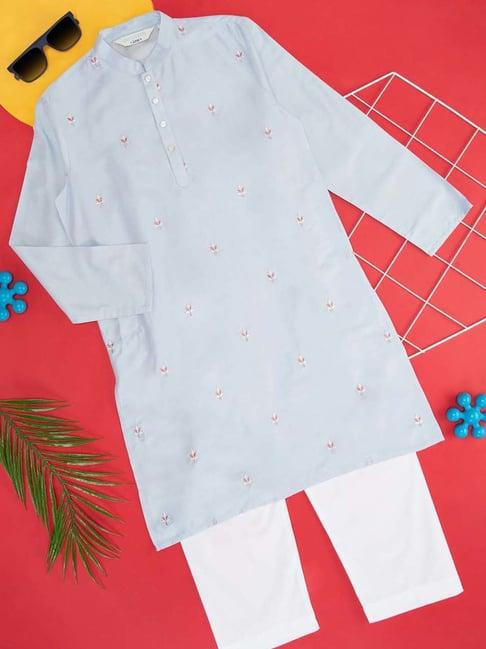 indus route by pantaloons kids powder blue & white embroidered full sleeves kurta set