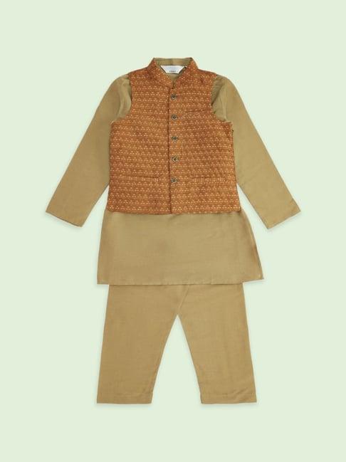 indus route by pantaloons kids red & beige jacquard full sleeves kurta set