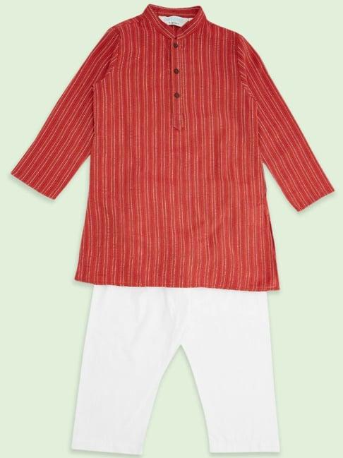 indus route by pantaloons kids red & white cotton embroidered full sleeves kurta set