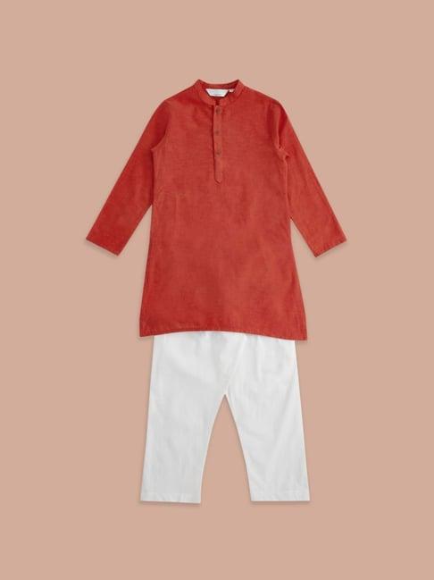 indus route by pantaloons kids red & white cotton regular fit full sleeves kurta set