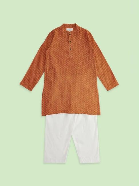 indus route by pantaloons kids red & white cotton textured pattern full sleeves kurta set