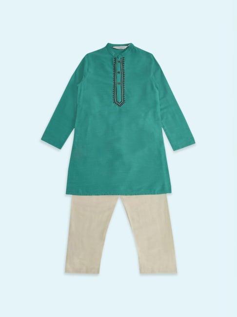 indus route by pantaloons kids teal blue & grey embroidered full sleeves kurta set
