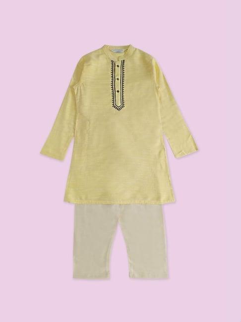 indus route by pantaloons kids yellow & grey embroidered full sleeves kurta set