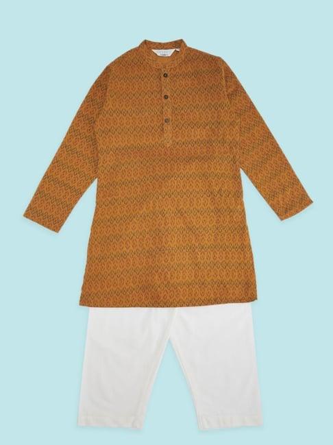 indus route by pantaloons kids yellow & white cotton printed full sleeves kurta set