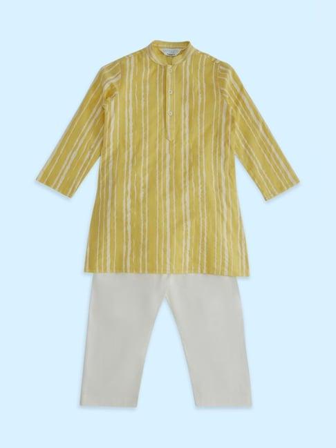 indus route by pantaloons kids yellow & white cotton striped full sleeves kurta set