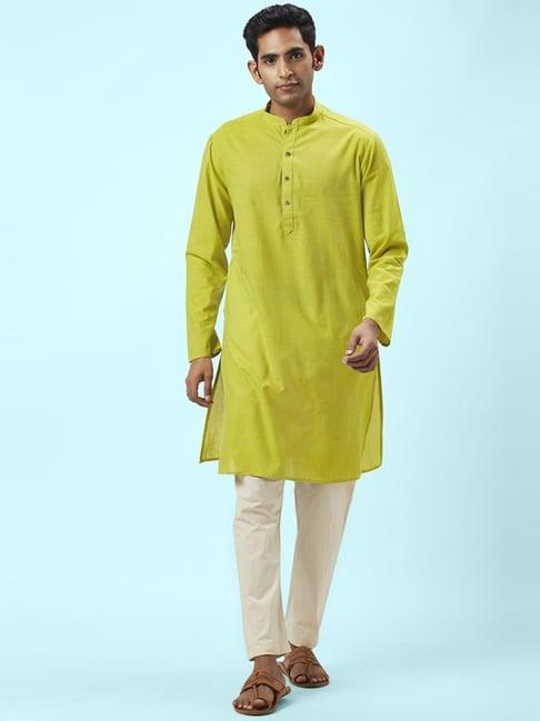 indus route by pantaloons lime green cotton regular fit kurta
