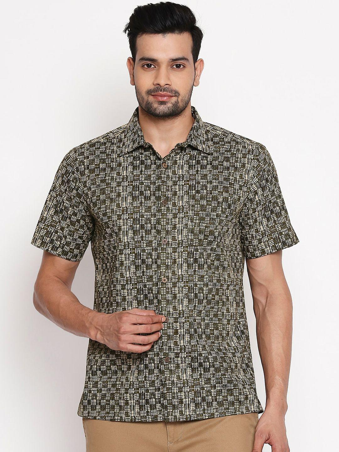 indus route by pantaloons men olive green & beige regular fit printed cotton casual shirt