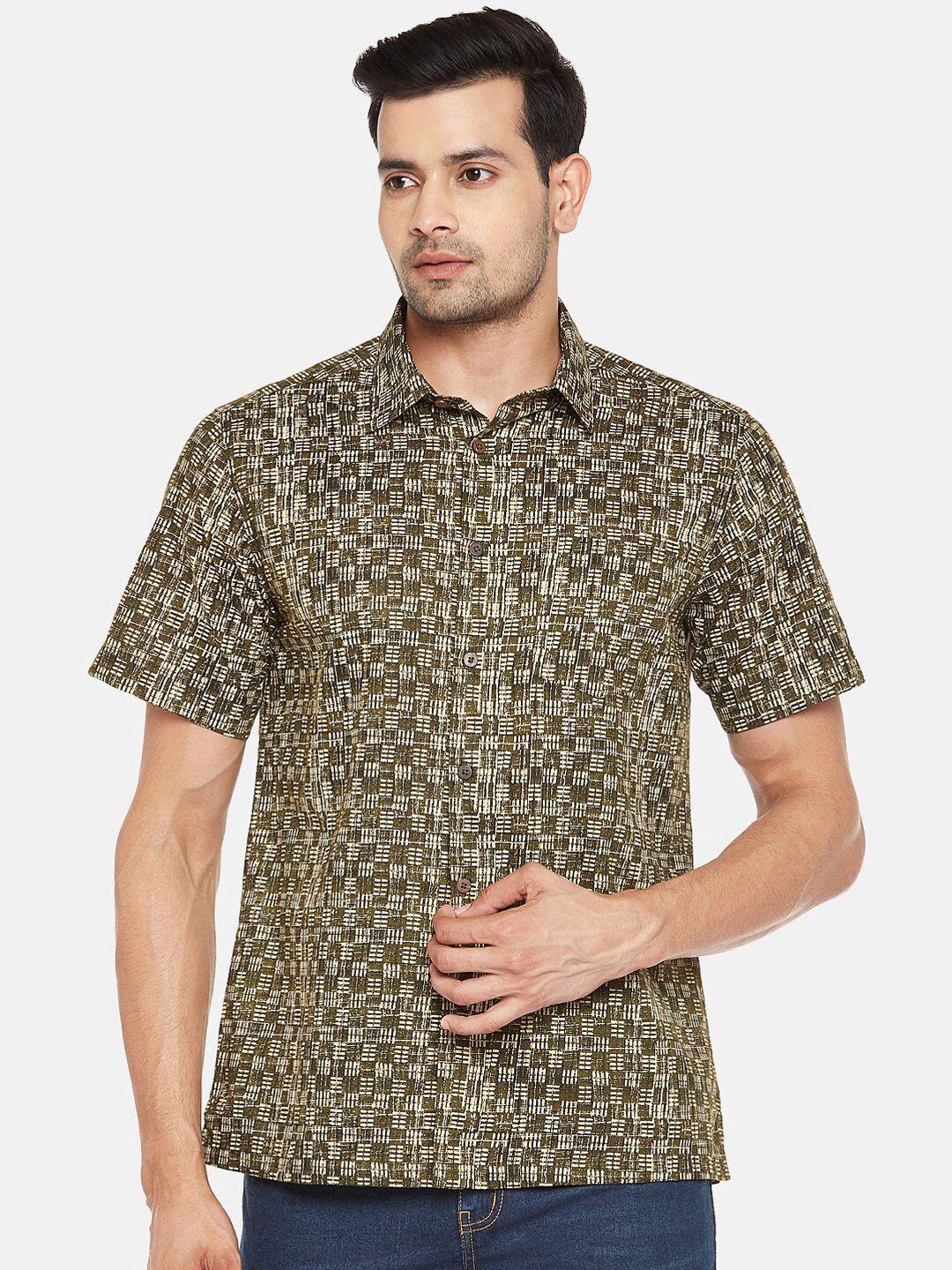 indus route by pantaloons men olive green & beige slim fit geometric printed cotton shirt