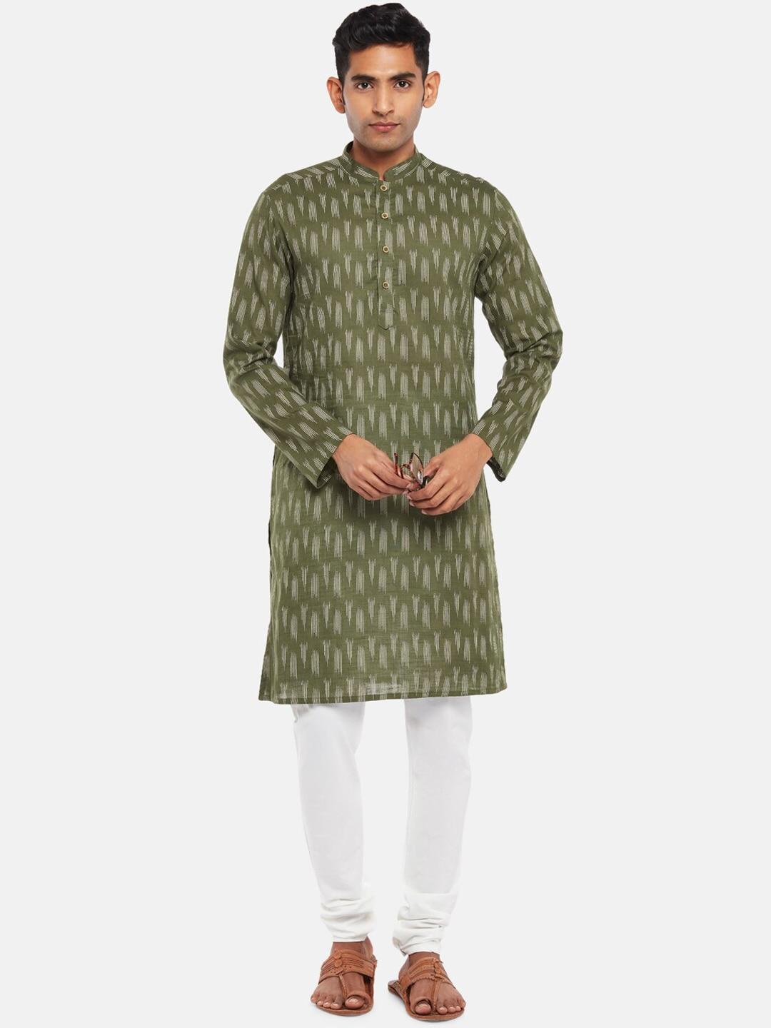indus route by pantaloons men olive green geometric print cotton kurta