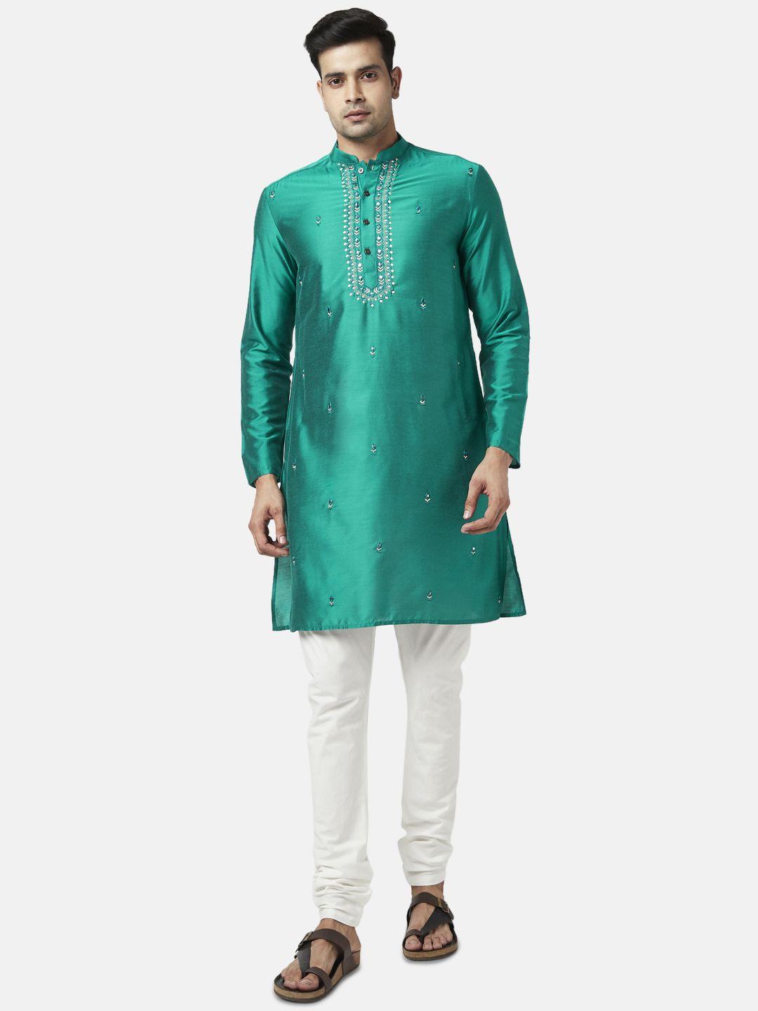 indus route by pantaloons men teal ethnic motifs embroidered thread work kurta