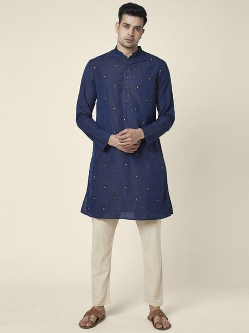 indus route by pantaloons navy regular fit embroidered kurta