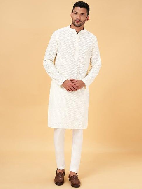 indus route by pantaloons off white cotton regular fit embroidered kurta