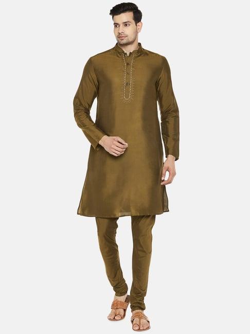 indus route by pantaloons olive regular fit embroidered kurta bottom set