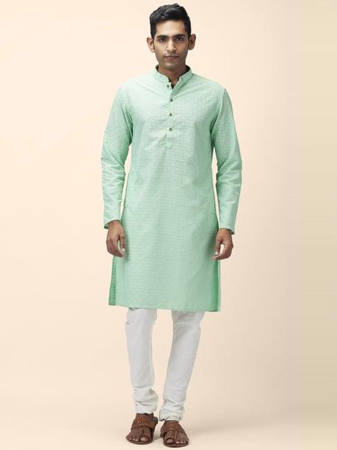 indus route by pantaloons pista green cotton regular fit embroidered kurta