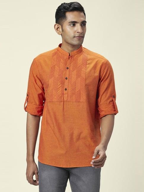 indus route by pantaloons rust orange cotton regular fit embroidered short kurta
