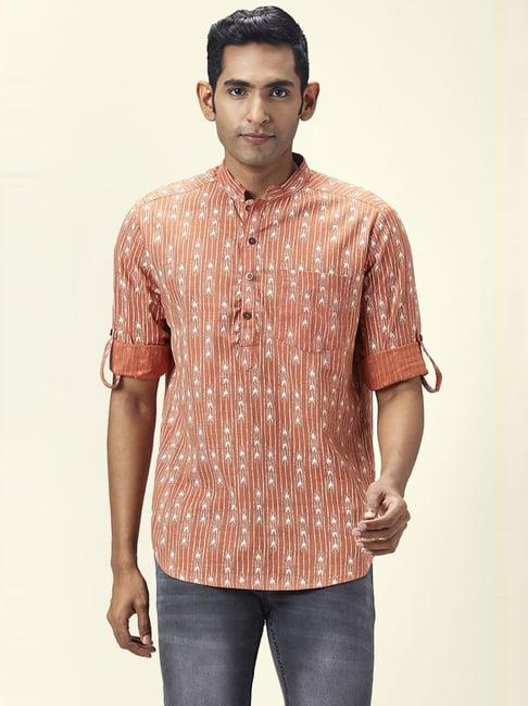 indus route by pantaloons rust orange cotton regular fit printed short kurta