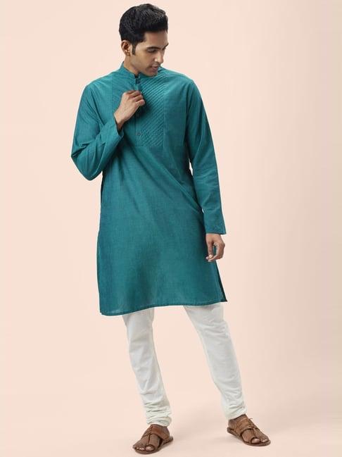 indus route by pantaloons teal blue cotton regular fit embroidered kurta