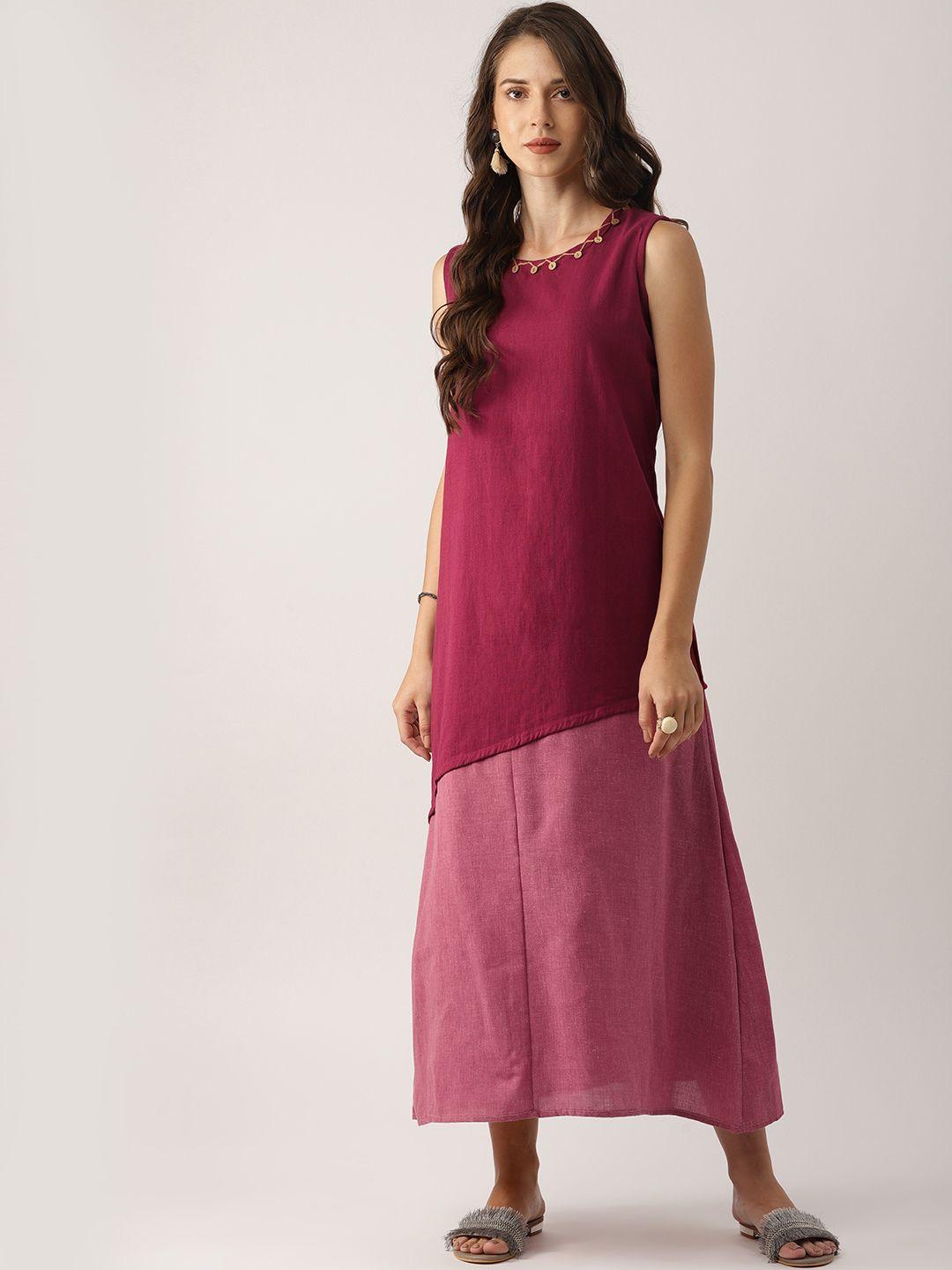 indusdiva women maroon colourblocked khadi a-line maxi dress