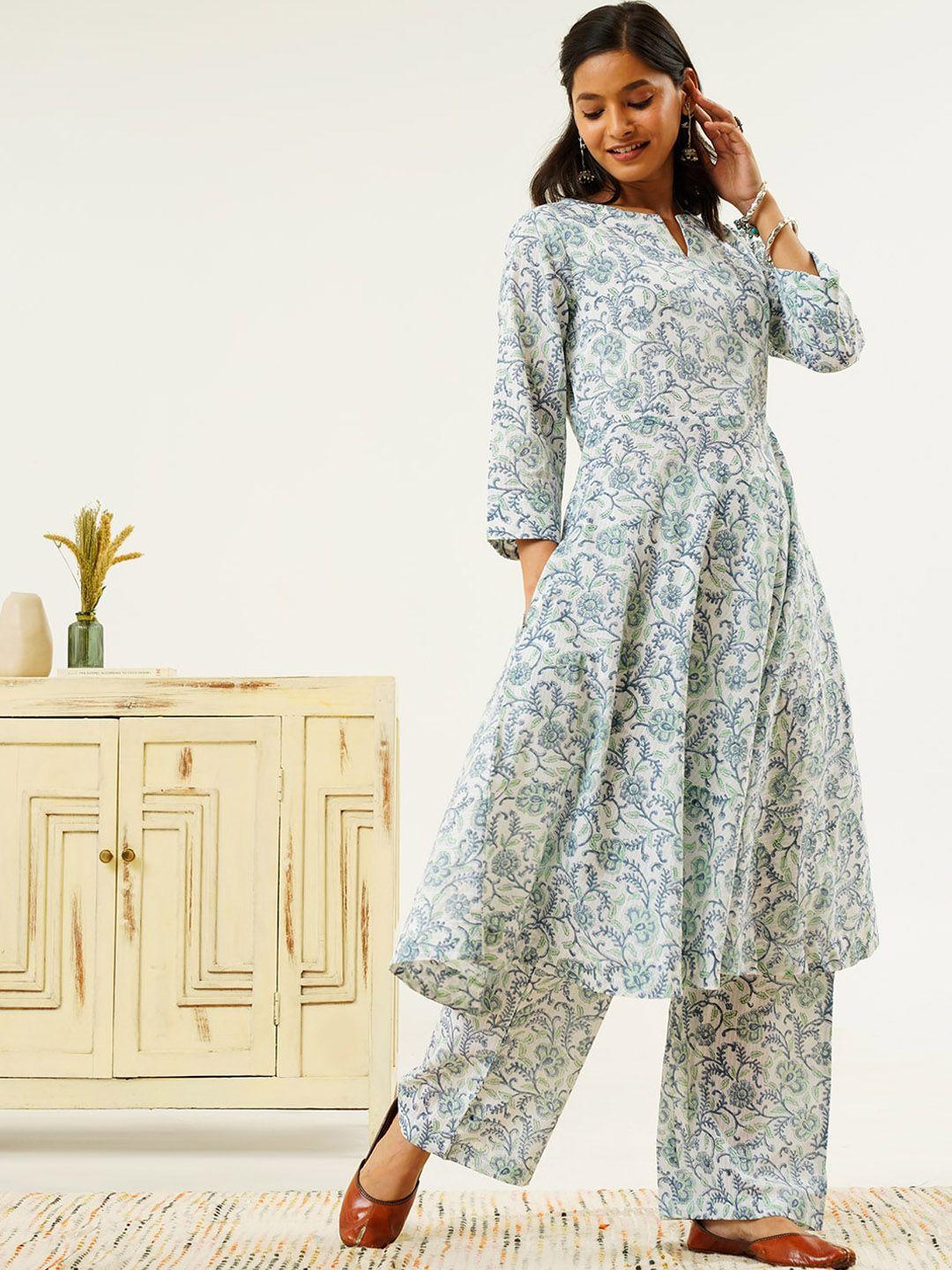 indy raaga floral block printed pure cotton kurta with pyjamas