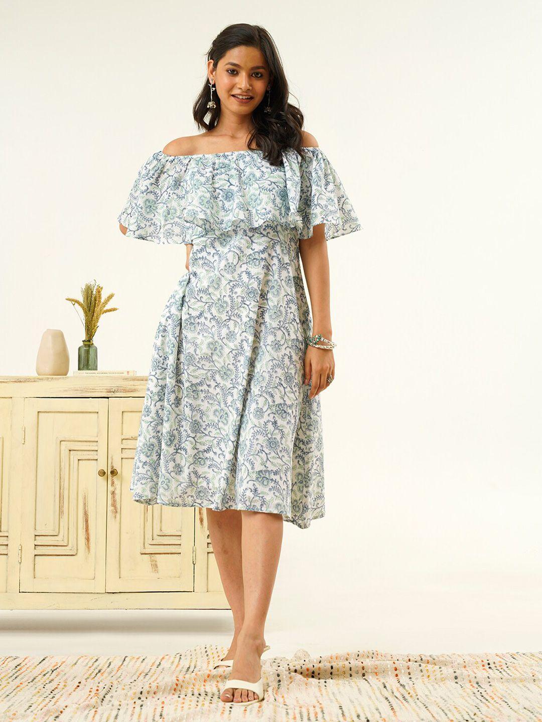 indy raaga floral printed off-shoulder cotton fit & flare dress