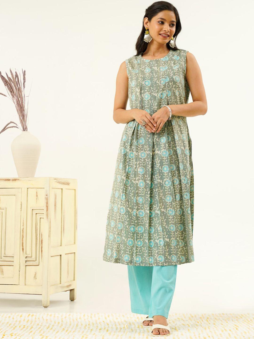 indy raaga floral printed regular pure cotton kurta with trousers