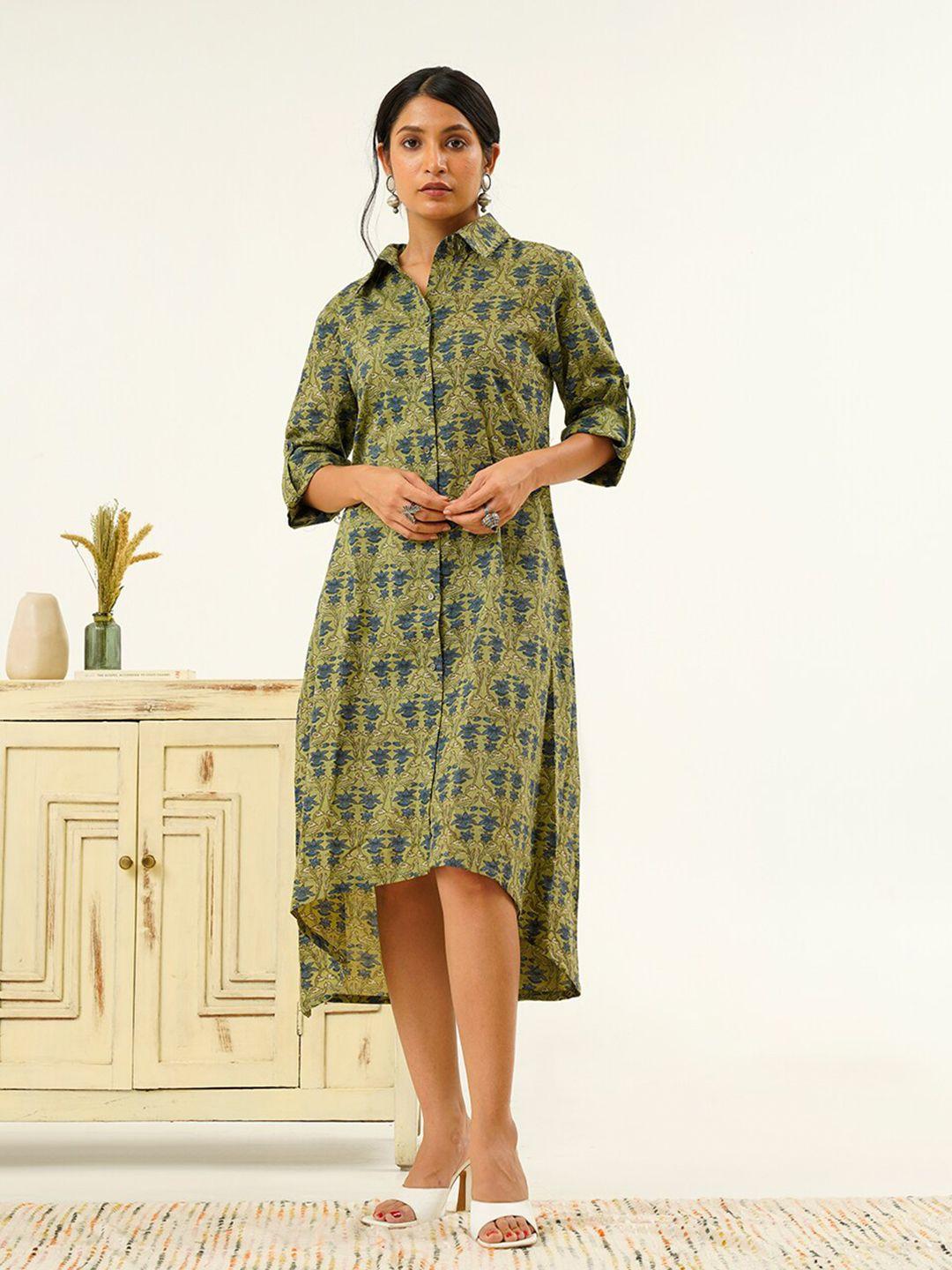 indy raaga olive green floral print a-line midi dress