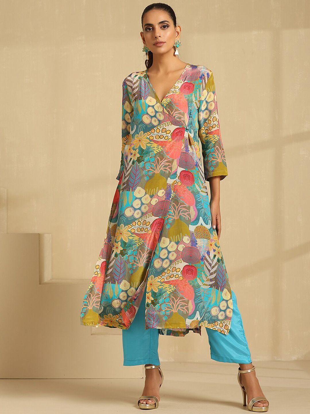 indy raaga women floral printed angrakha silk crepe kurta with trousers