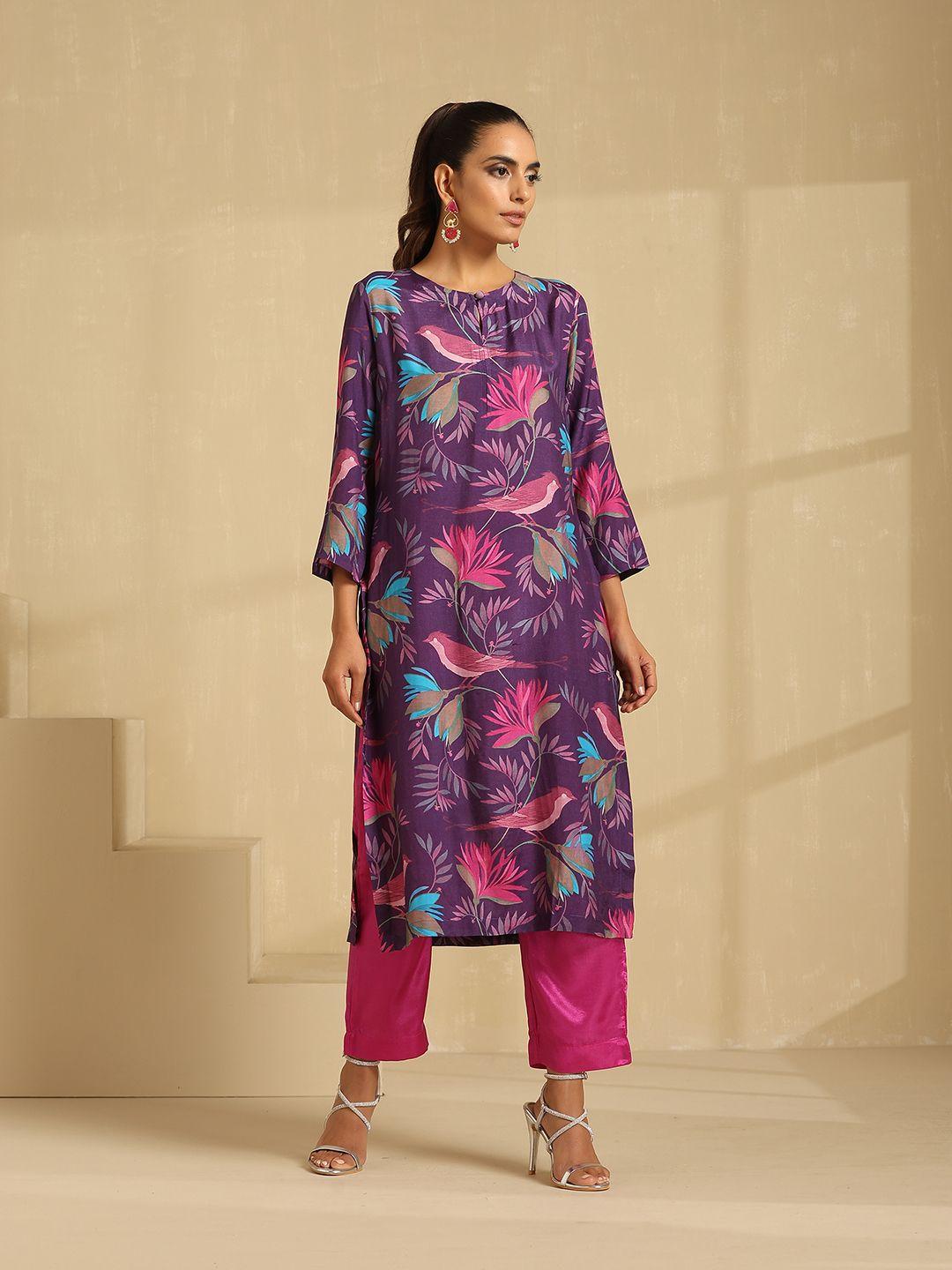 indy raaga women floral printed regular pure silk kurta with trousers