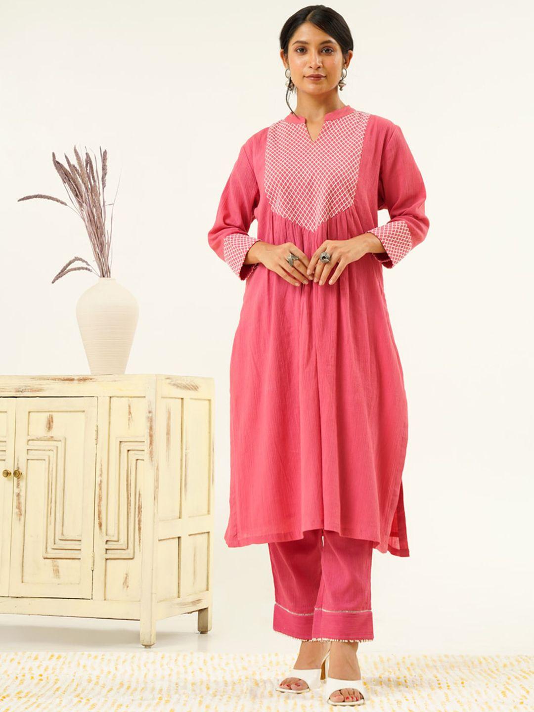 indy raaga yoke design mandarin collar pure cotton regular kurta with pyjamas