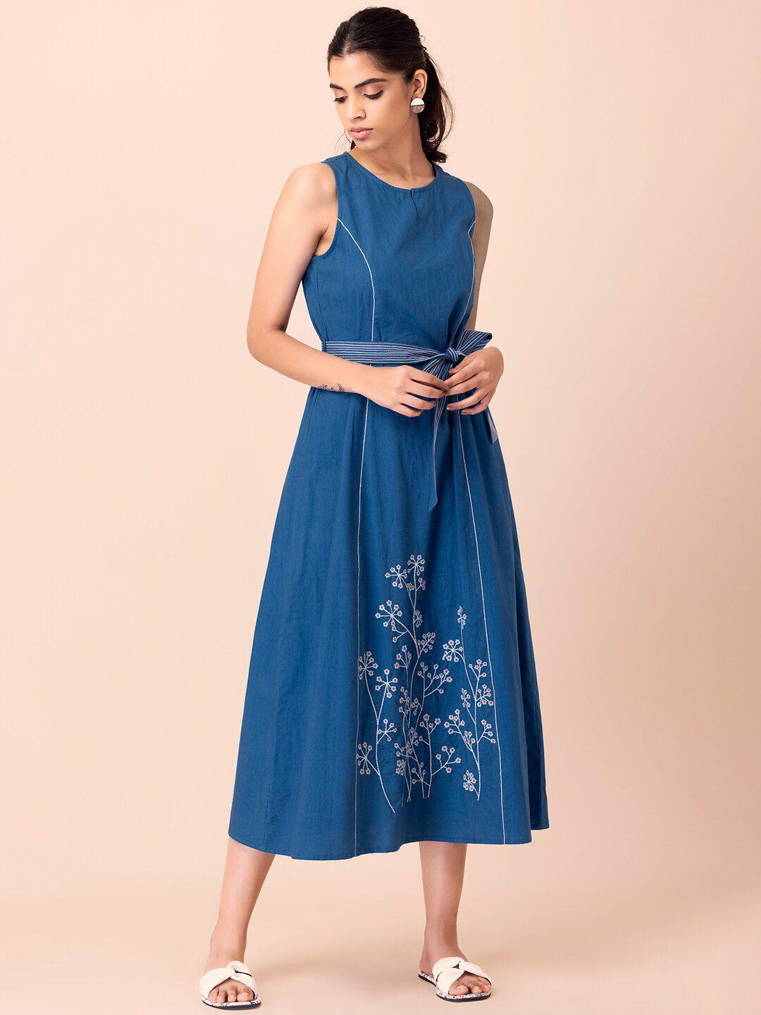 indya blue & white cotton floral embroidered a-line midi dress