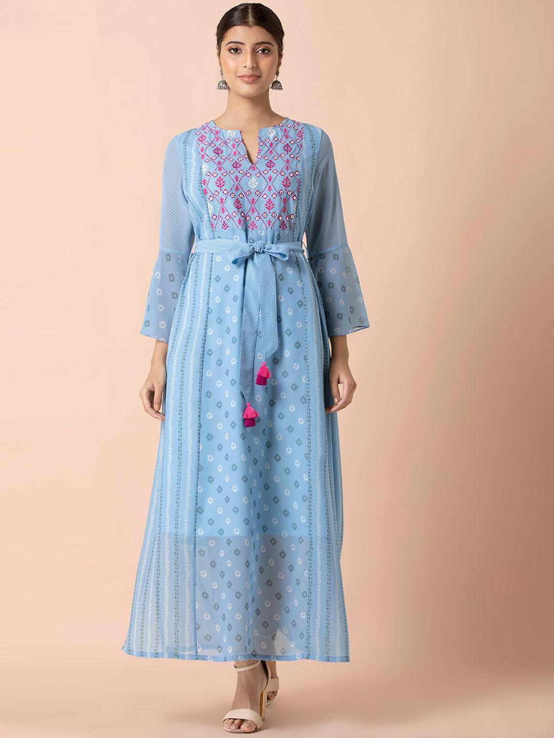 indya blue embroidered georgette bell sleeve belted maxi dress