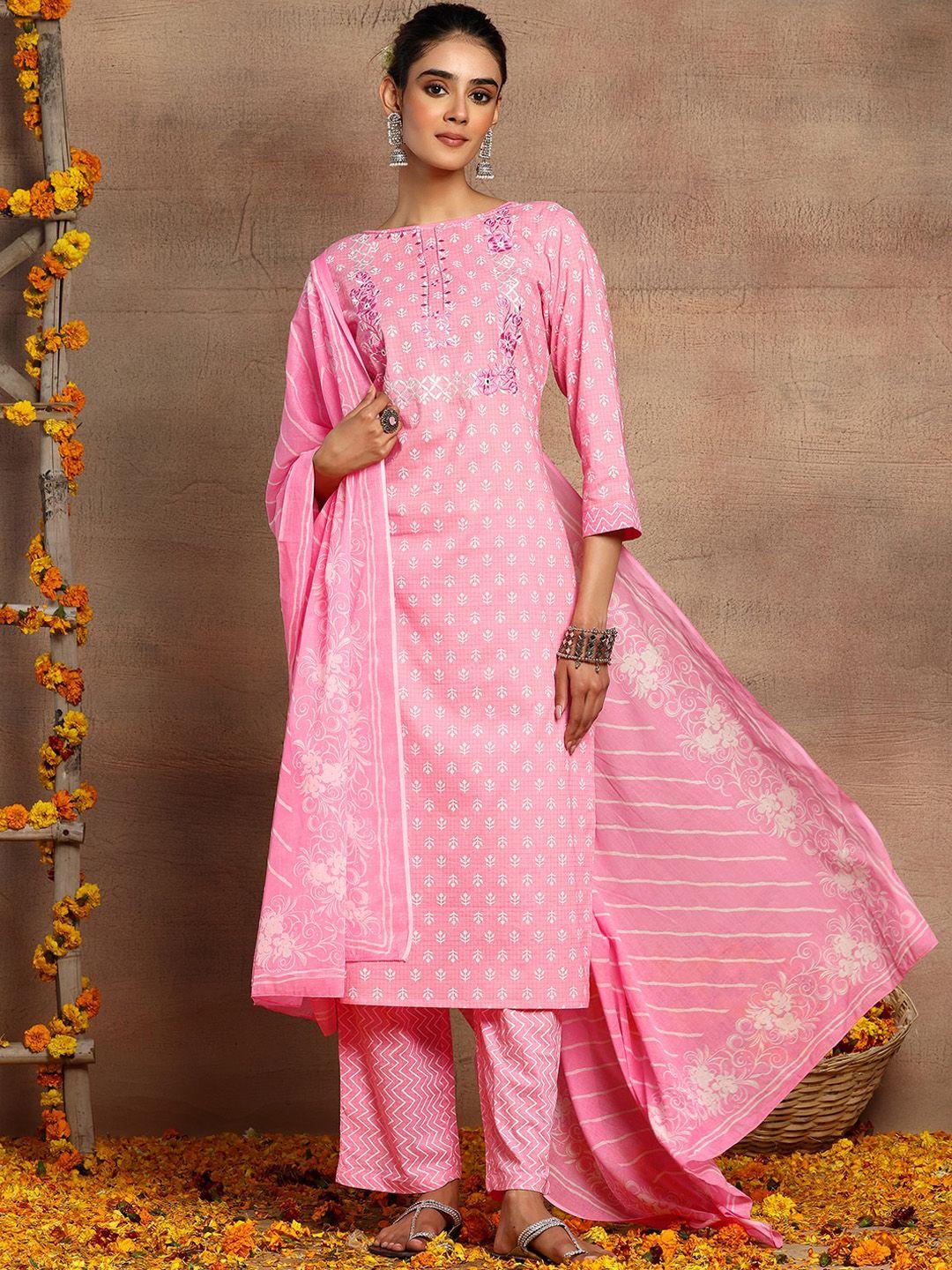 indya boat neck floral embroidered pure cotton straight kurta with trousers & dupatta
