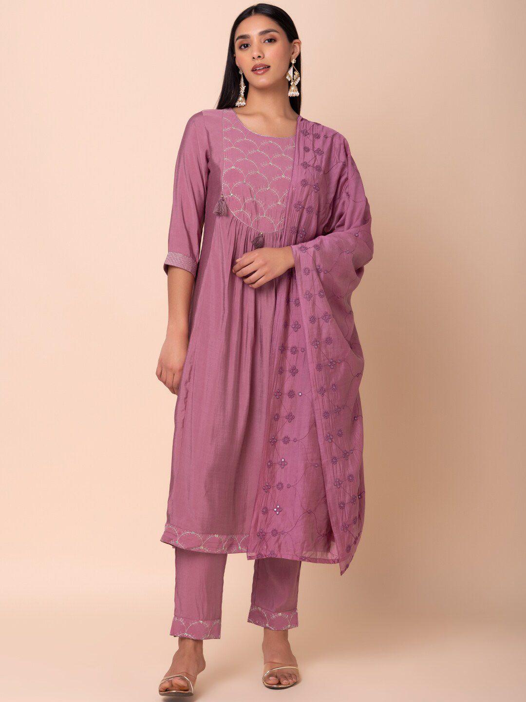 indya embroidered a-line kurta with trouser & dupatta set