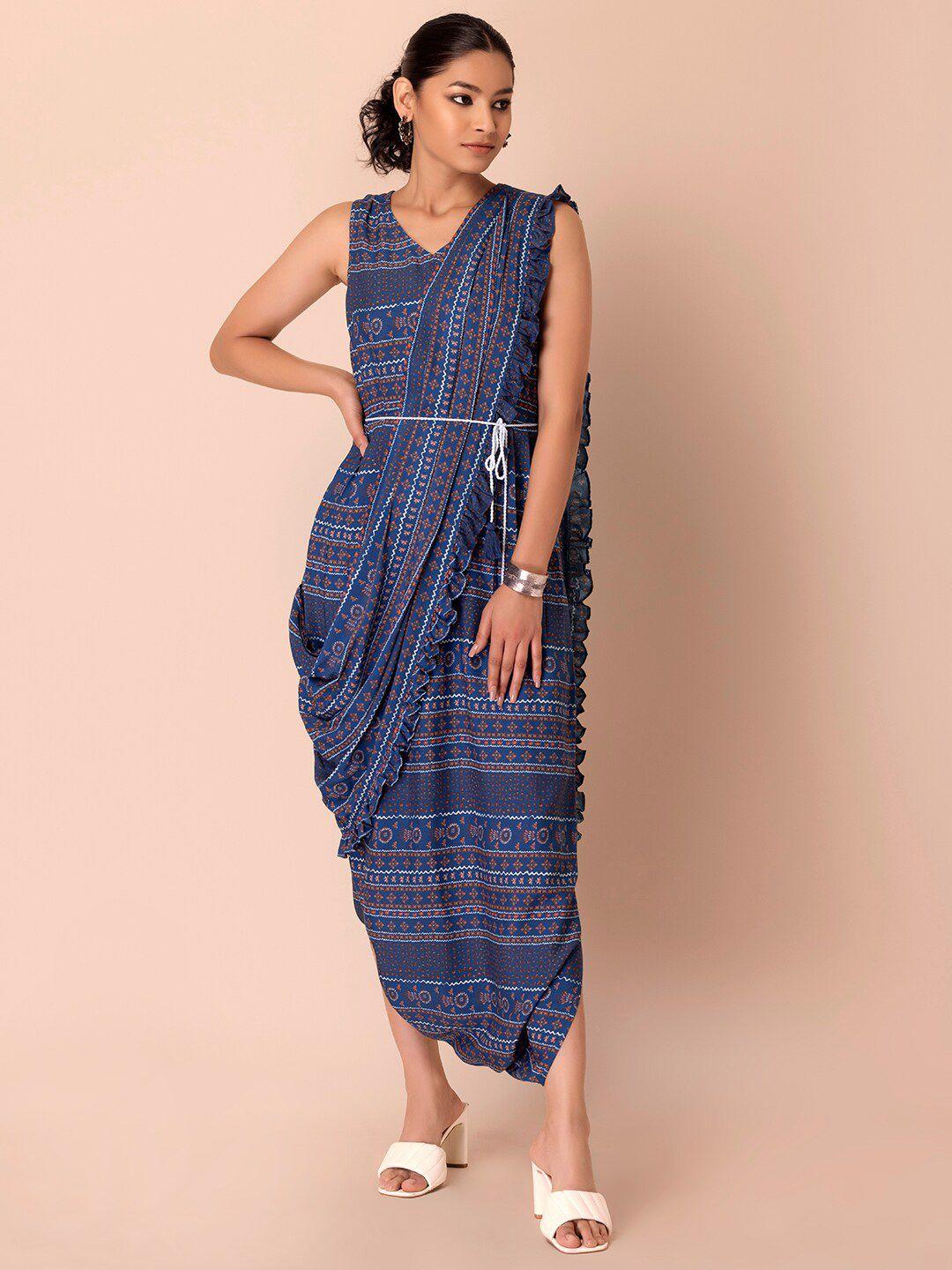indya ethnic motifs printed belted jumpsuit with attached dupatta