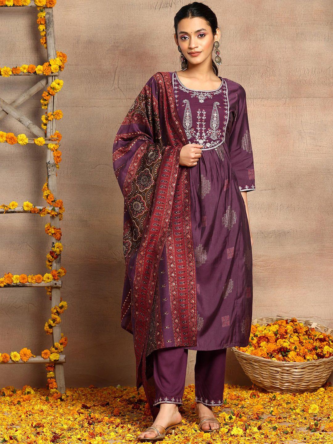 indya floral embroidered a-line kurta with trousers & dupatta
