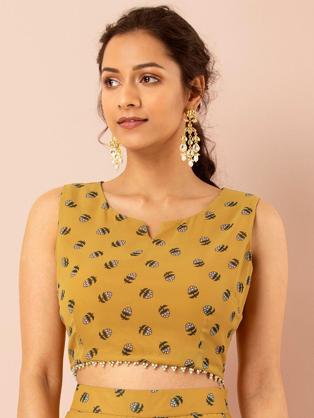 indya floral printed sleeveless lace inserts crop ethnic top