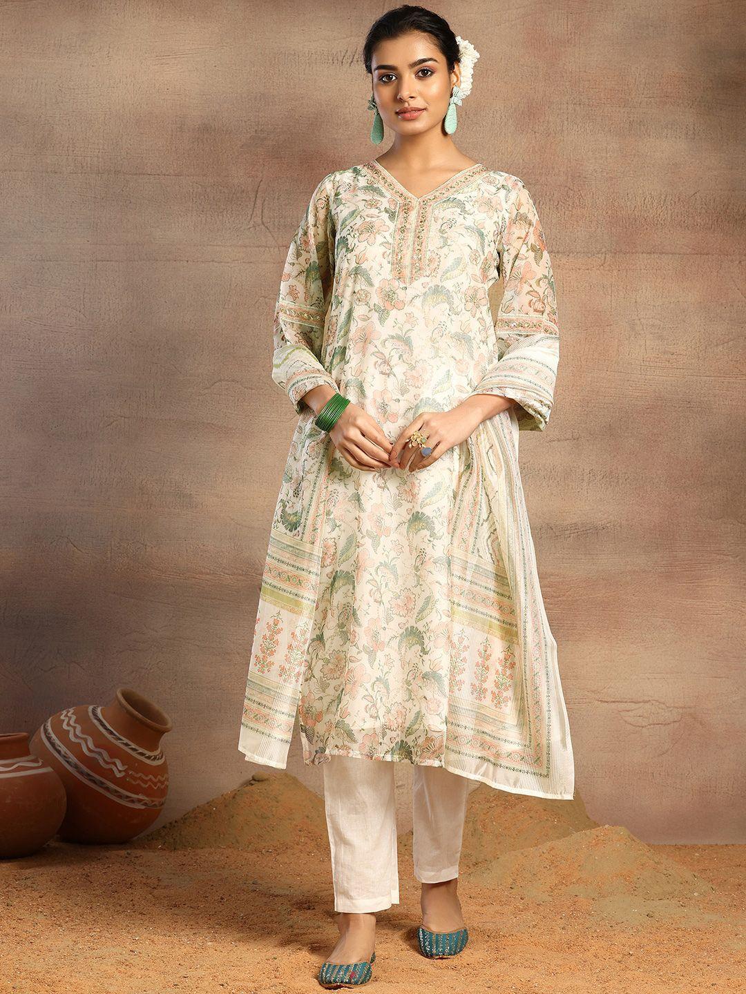 indya floral printed v-neck kurta with trousers & dupatta