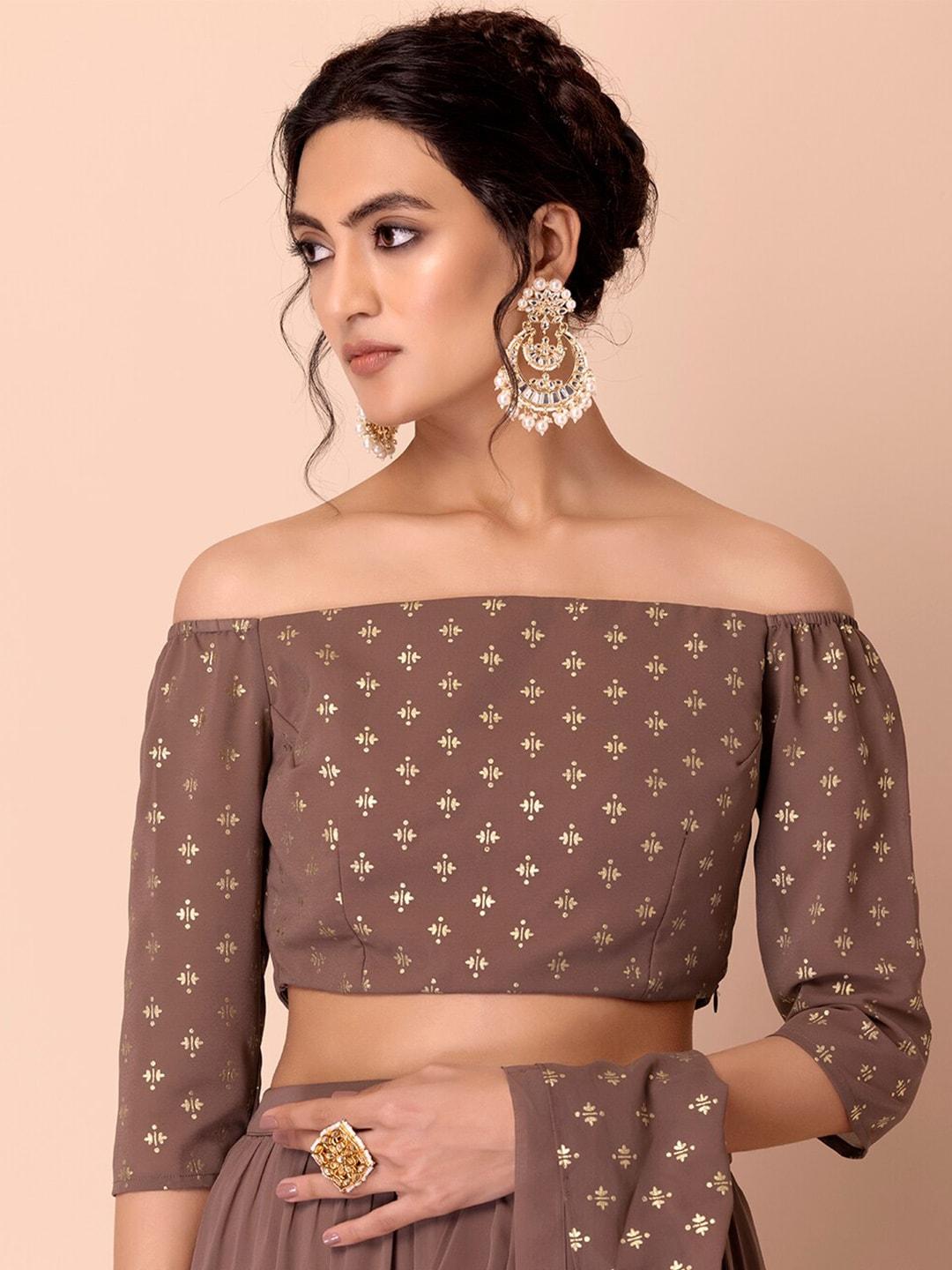 indya foil-printed ethnic motif foil printed off shoulder crop blouson top